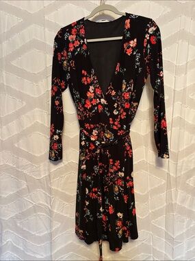 LOFT Black Wrap Dress with Red Floral Print